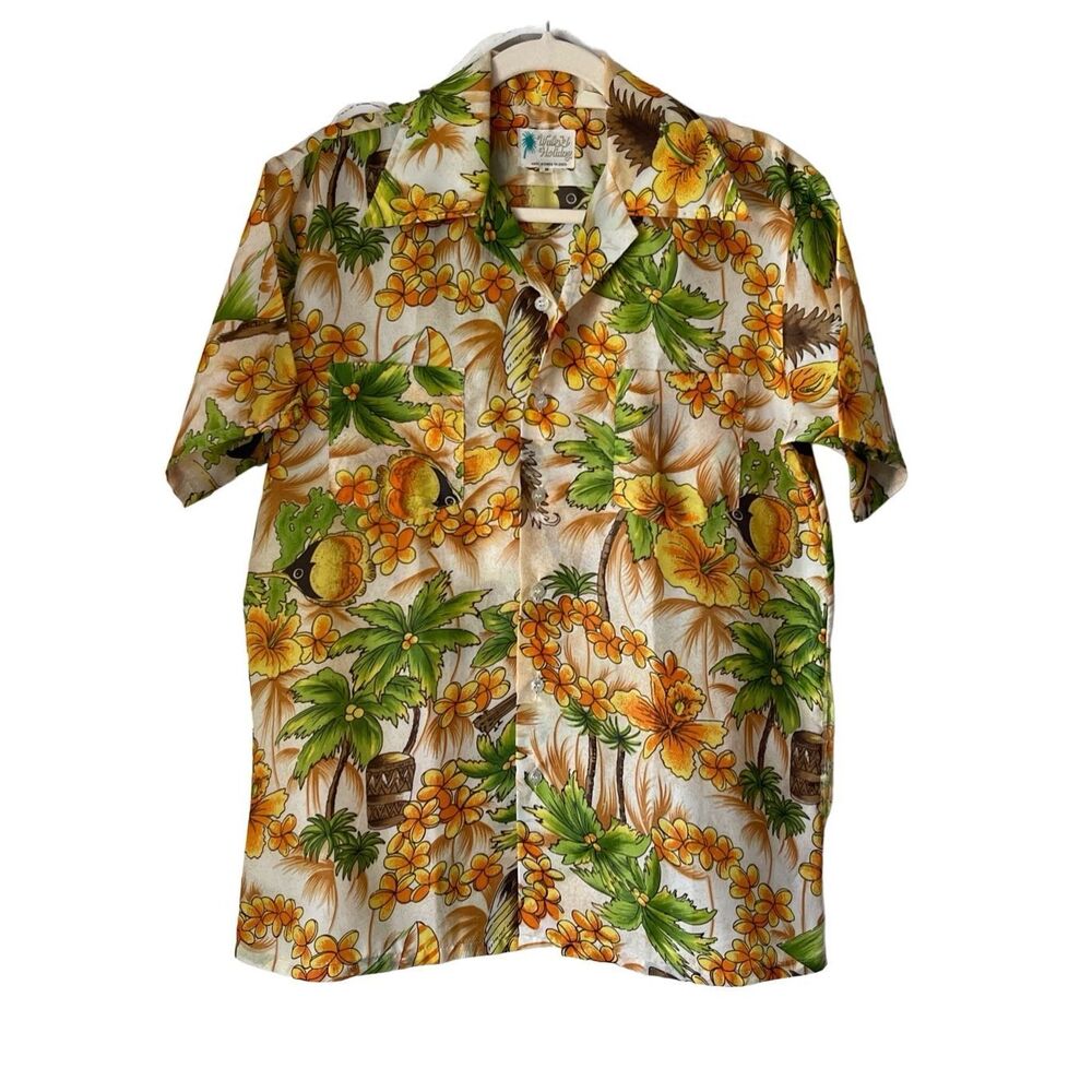 Vtg Waikiki Holiday Hawaiian Polyester Shirt Men Size Medium Large Collar RARE